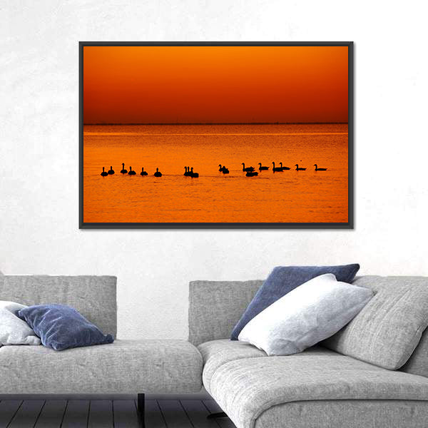 Family of Geese at Sunset Canvas Wall Art