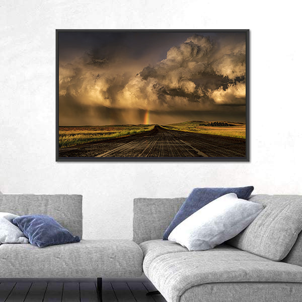 Travel Through South Dakota Border  Near Lemmon Town Canvas Wall Art in black, gray and orange, framed canvas shown in a room
