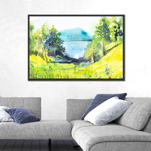 Watercolor Forest By Lake Canvas Wall Art