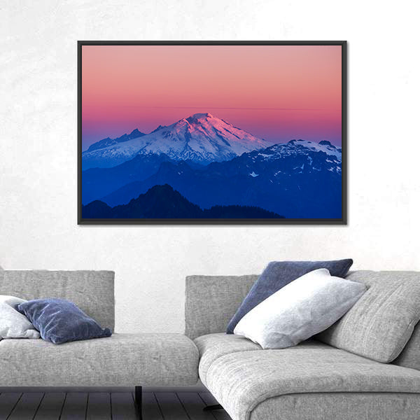 Mountain Peak In North Cascade Range Washington Canvas Wall Art in black, white and pink, framed canvas shown in a room