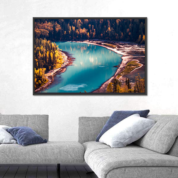 Xinjiang Kanas River In China Canvas Wall Art in green, turquoise and blue, framed canvas shown in a room