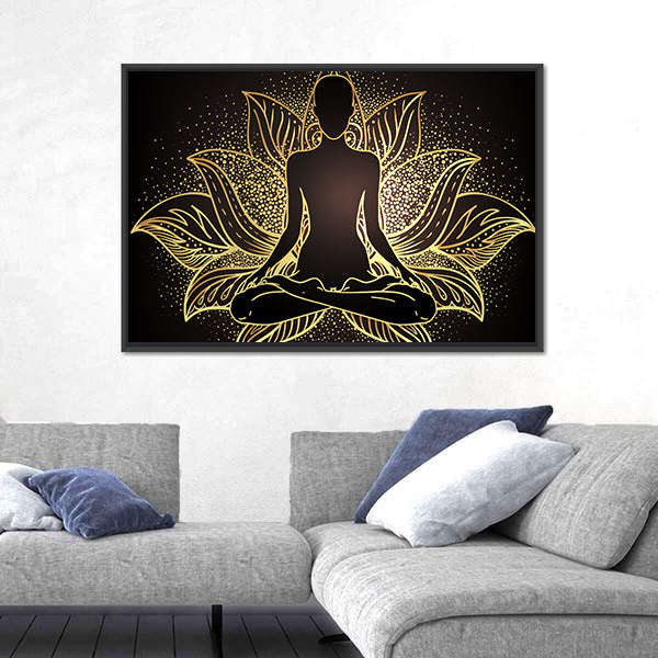 Silhouette In lotus Position Over Ornate Mandala Canvas Wall Art