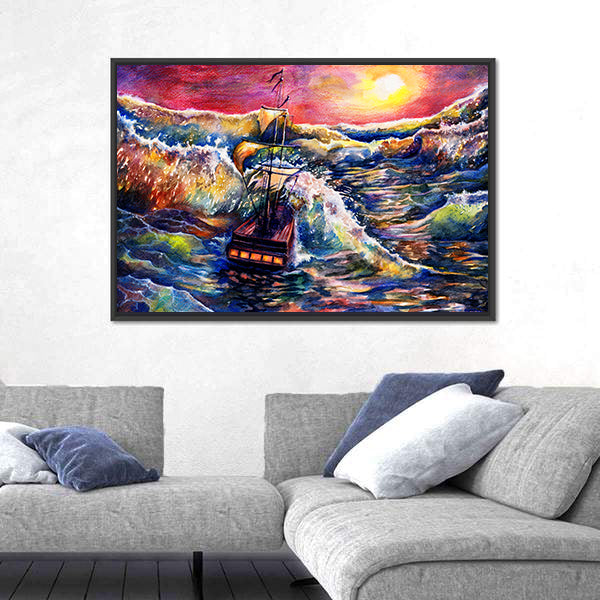 Sunset Sailing Ship in Stormy Sea Canvas Wall Art