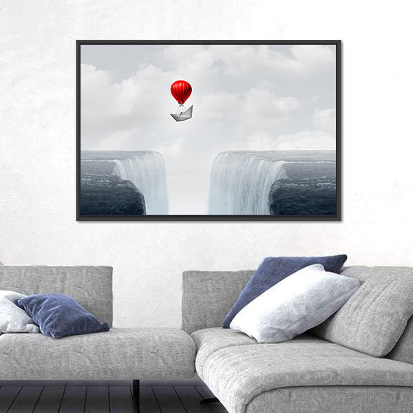 Red Balloon and Paper Boat Above Twin Waterfalls Canvas Wall Art