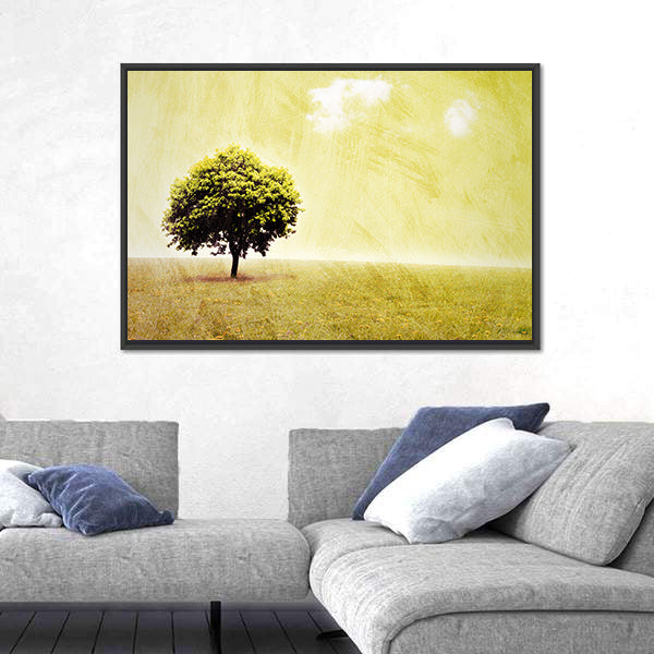 Lone Tree in Yellow Meadow Canvas Wall Art