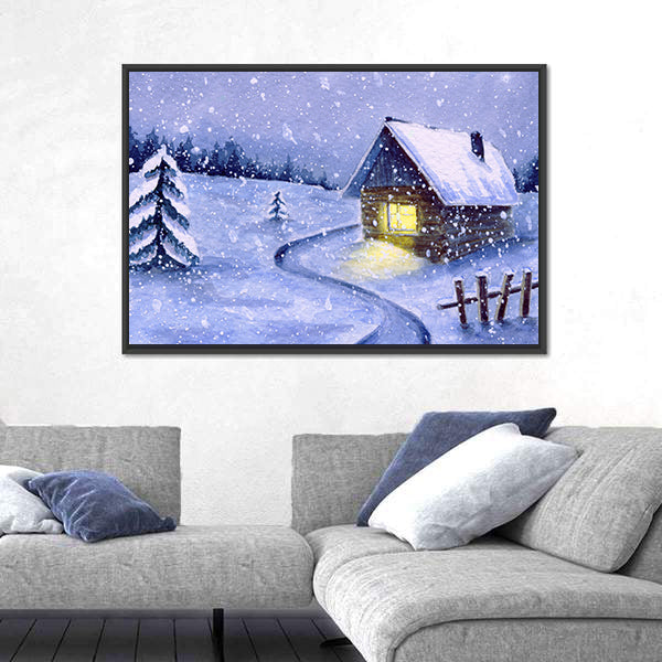 Snowy Cabin with Winding Path Canvas Wall Art