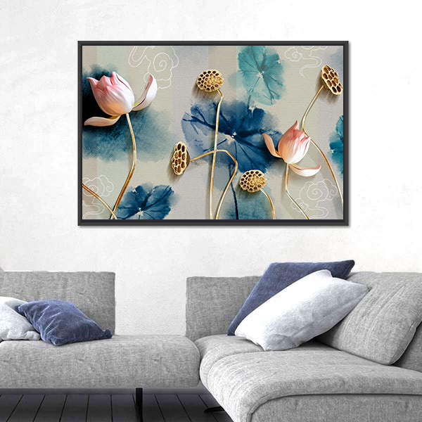 Lotus Garden Illustration with Gold Accents Canvas Wall Art