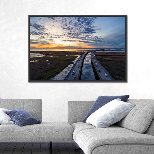 Sunset Over Highway Bridge Canvas Wall Art