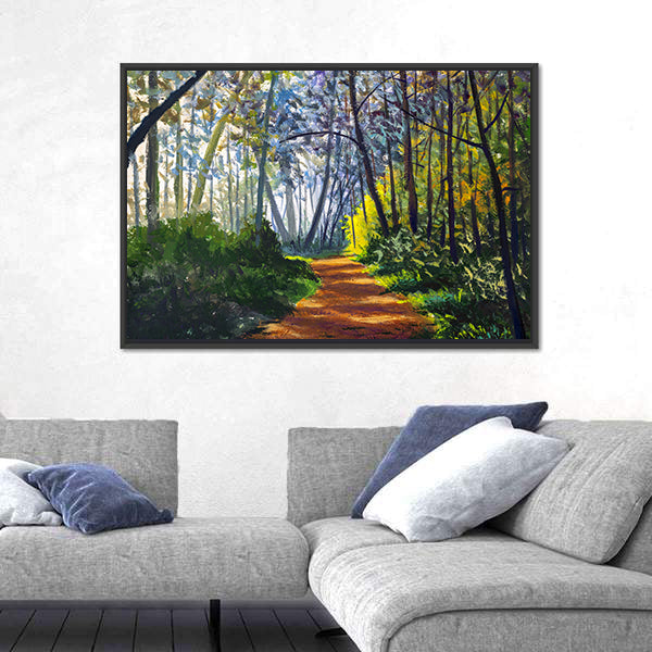 Sunlit Forest Path in Park Canvas Wall Art