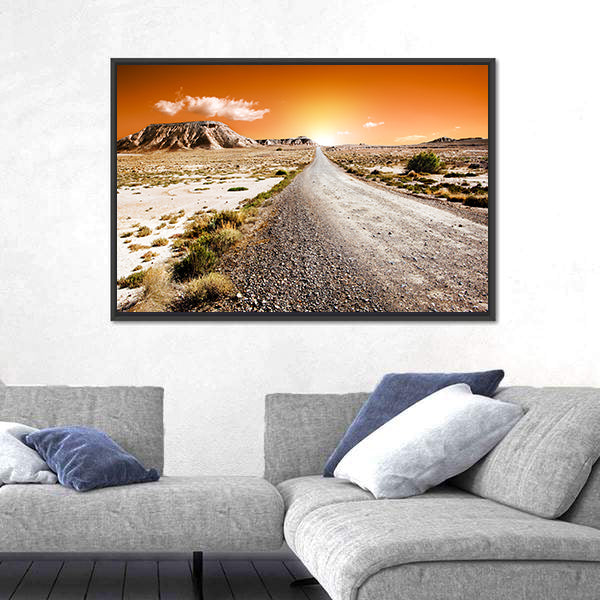 Sunset Desert Landscape With Road Canvas Wall Art