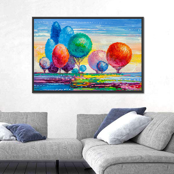 Colorful Autumn Meadow with Stylized Trees Canvas Wall Art