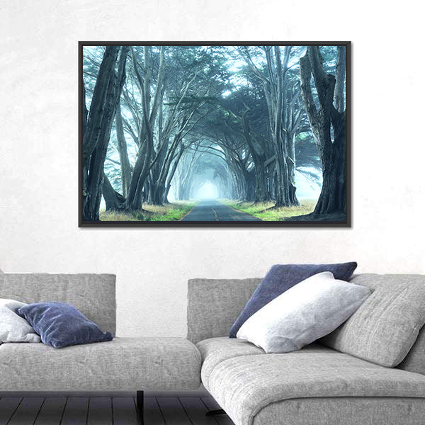 Misty Trees Alley In Foggy Weather Canvas Wall Art