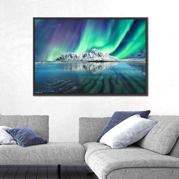 Northern Lights On Snowy Mountain In Lofoten Islands Canvas Wall Art