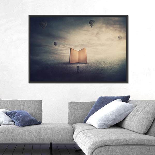 Monolithic Glowing Book Over Parched Desert Canvas Wall Art