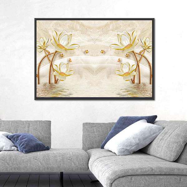 Gold-edged Lotus and Butterflies Illustration Canvas Wall Art