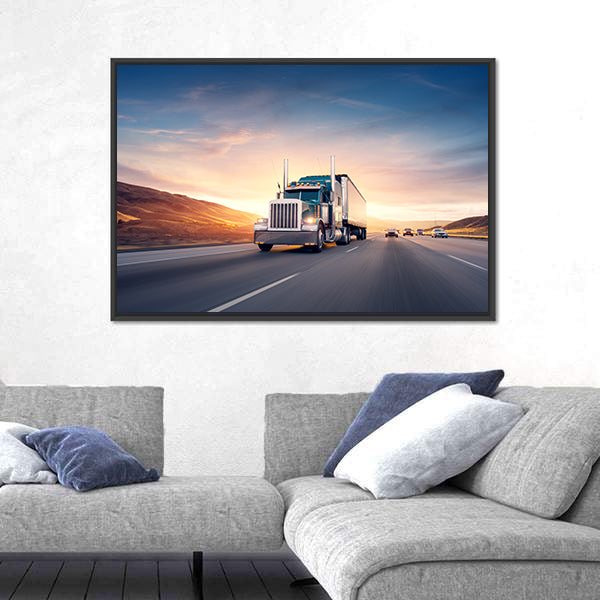 American Style Truck On Freeway Pulling Load Canvas Wall Art