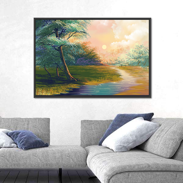 River In Spring Forest Sunset Canvas Wall Art