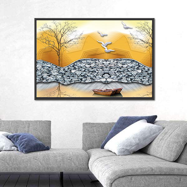 3d Lake Illustration with Boat Canvas Wall Art