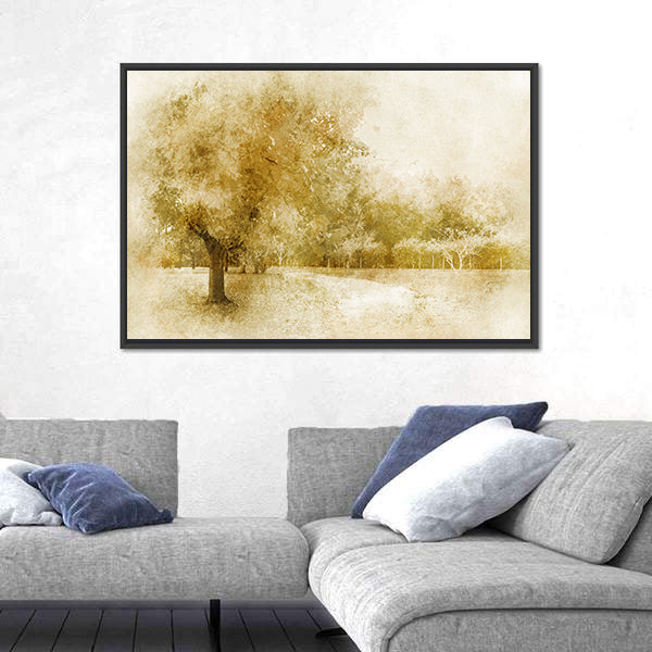 Sepia Autumn Park with Lone Tree Canvas Wall Art