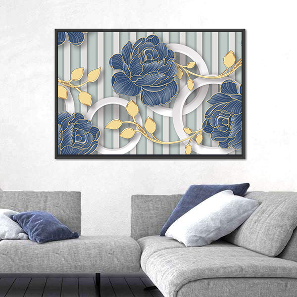 Abstract Blue Roses with Gold Leaves and Rings Canvas Wall Art
