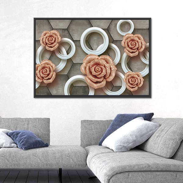 Rose-gold Roses on 3d Tiles Canvas Wall Art