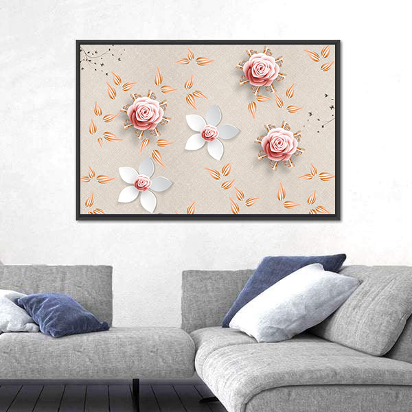 3d Stylized Pink Roses and White Flowers Canvas Wall Art
