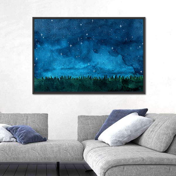 Grass Meadow With Night Sky Canvas Wall Art