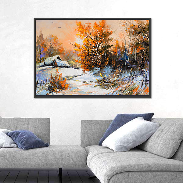 Snow-covered Cabin with Orange Foliage Canvas Wall Art