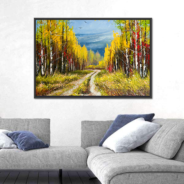 Autumn Forest Path with Birch Trees Canvas Wall Art