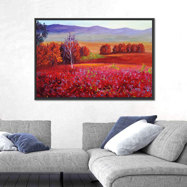 Red Flower Field with White Birch Canvas Wall Art