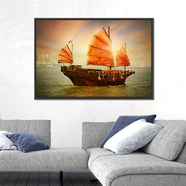 Chinese Junk Boat at Sunset Canvas Wall Art
