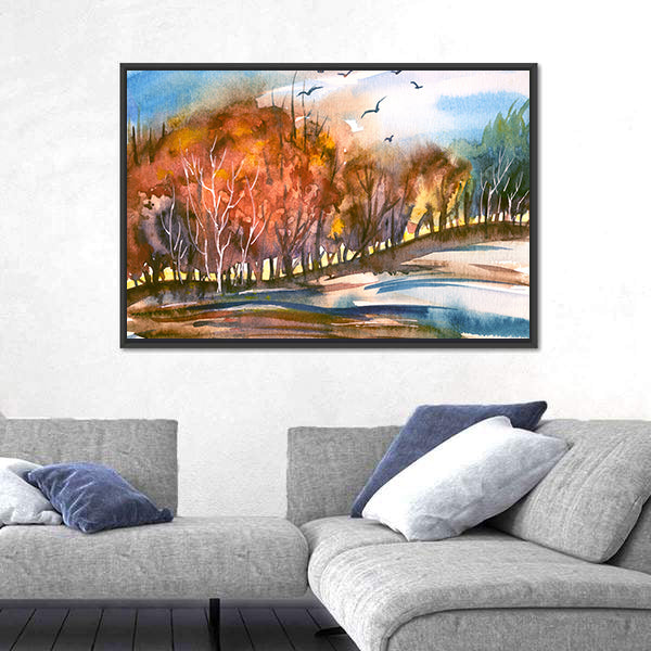 Autumn Lakeside Tree Line Canvas Wall Art
