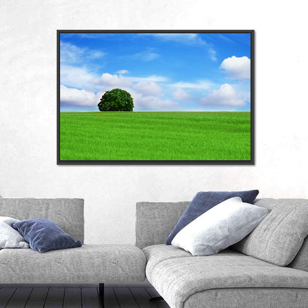 Lone Tree in Vibrant Green Field Canvas Wall Art