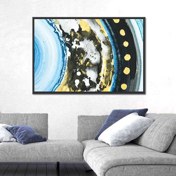 Blue and Black Abstract with Gold Dots Canvas Wall Art