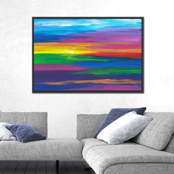 Abstract Sunset Landscape with Impasto Sun Canvas Wall Art