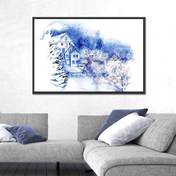 Snow-covered Houses Watercolor Landscape Canvas Wall Art