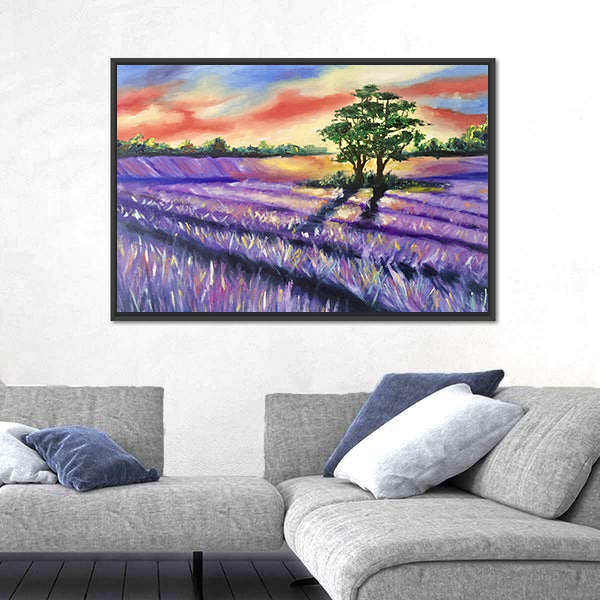 Lavender Field at Golden Sunset Canvas Wall Art