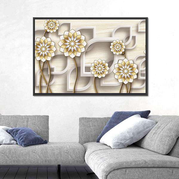 3d Gold and White Floral Illustration Canvas Wall Art