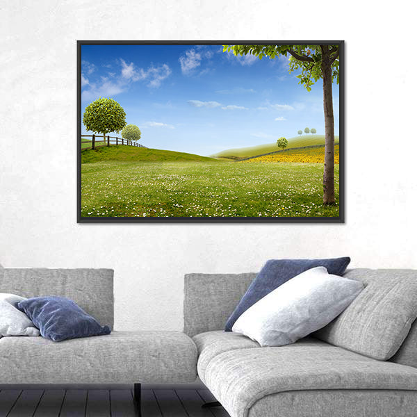 Summer Green Fields with Daisies Canvas Wall Art