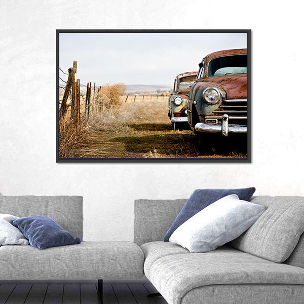Rusty Vintage Cars in Rural Field Canvas Wall Art