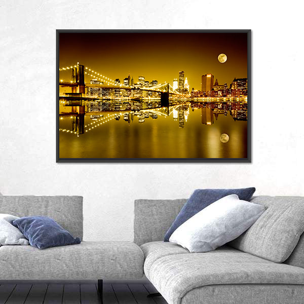 Moonlit Brooklyn Bridge and Lower Manhattan Canvas Wall Art