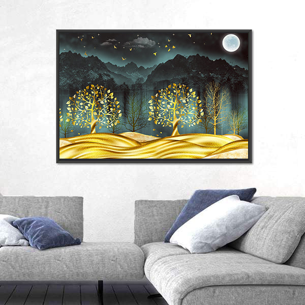 Moonlit Golden Trees Abstract Landscape Canvas Wall Art