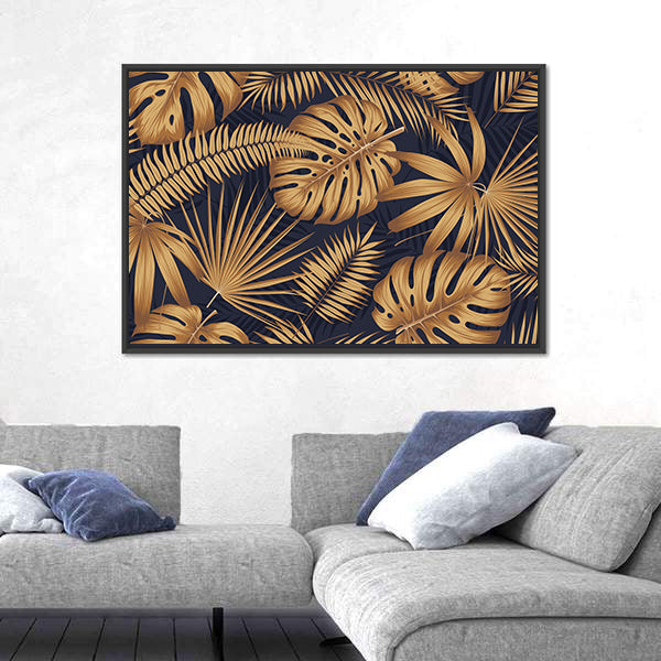 Golden Monstera and Palm Leaves Canvas Wall Art