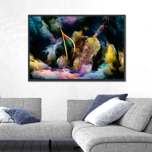 Golden Violin in Colorful Nebula Canvas Wall Art