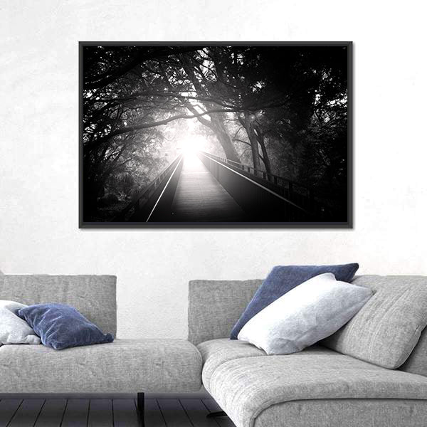 Bridge In Forest With Sun Rays Canvas Wall Art
