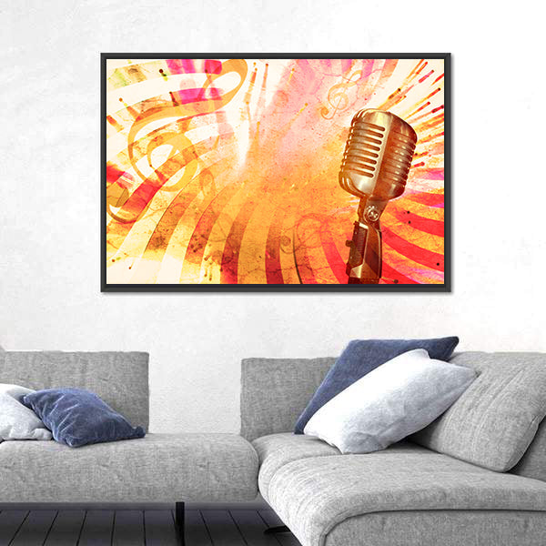 Retro Microphone with Musical Notes Canvas Wall Art