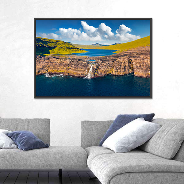 Bosdalafossur Waterfall And Sorvagsvatn Lake In Denmark Canvas Wall Art