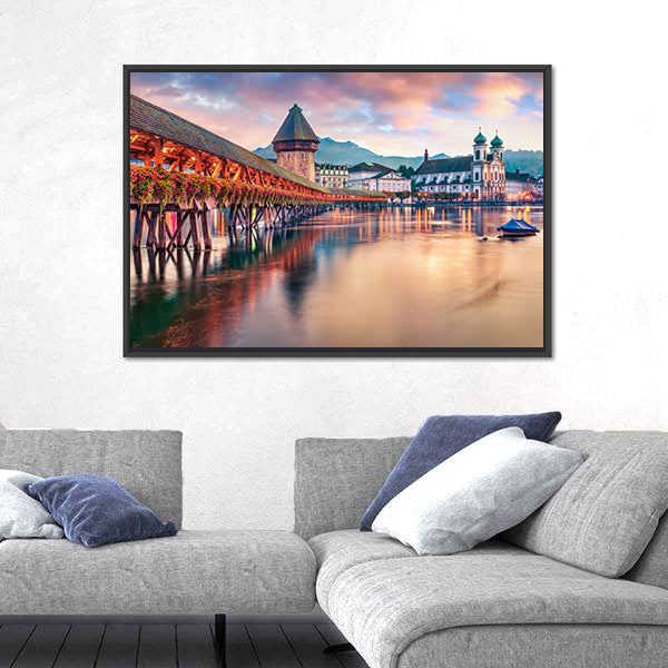 Old Wooden Chapel Bridge Kapellbrucke In Switzerland Canvas Wall Art