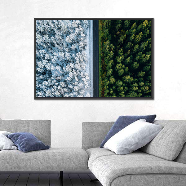 Highway Road Through Forest In Summer And Winter Canvas Wall Art