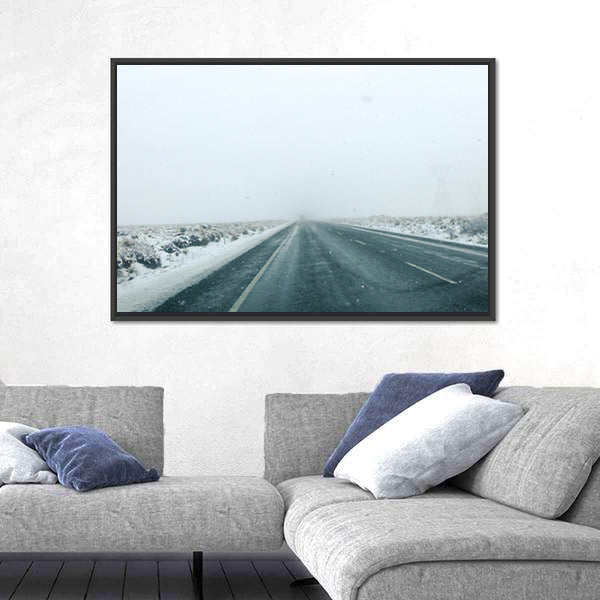 Mountain Road in Winter Storm Canvas Wall Art